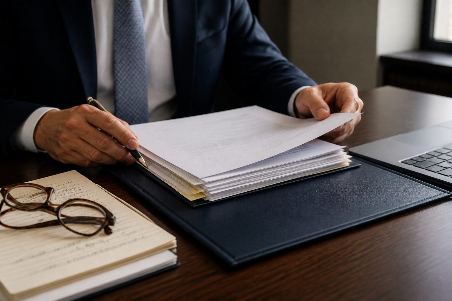 Attorney reviewing business litigation documents
